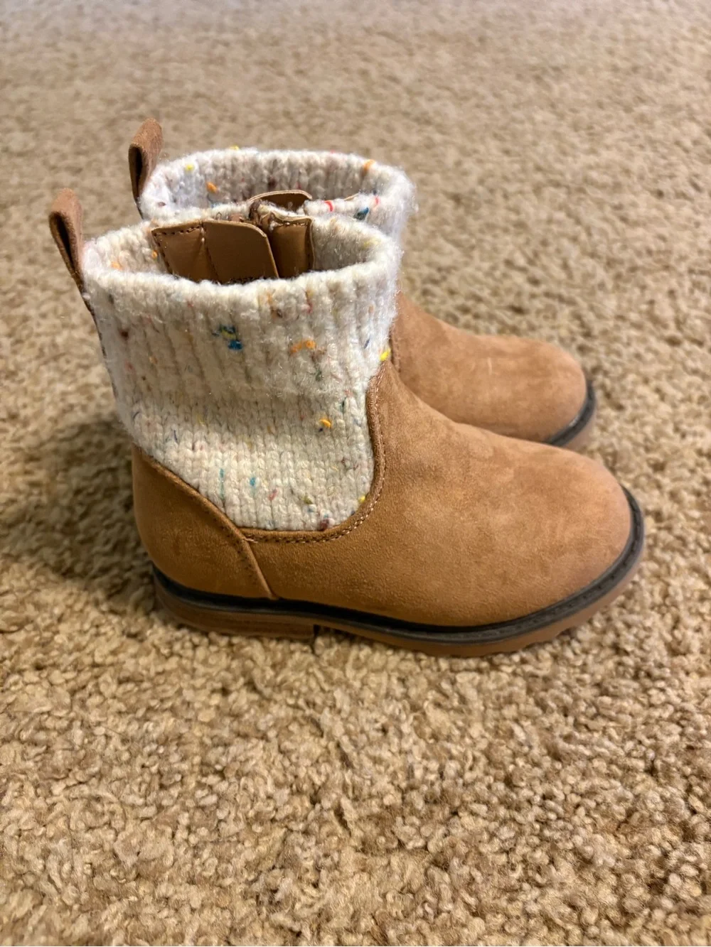 Kids cat and jack Tan Suede Booties with Cream Knit Cuff